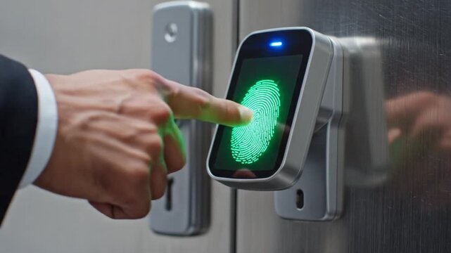 A businessman using a biometric fingerprint scanner for secure access control in a modern office building video