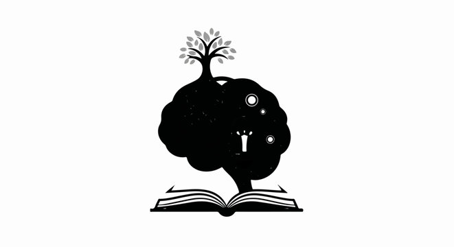An open book forms the base for a black brain with a tree growing from its top