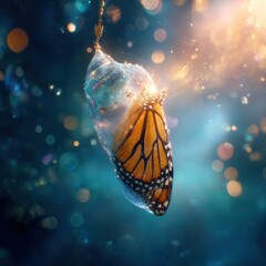 A Monarch butterfly emerging from a chrysalis with beautiful light