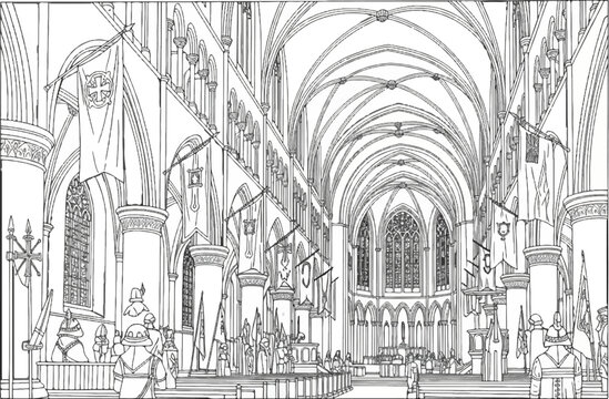 An ornate cathedral interior with flags, banners, and figures in processional