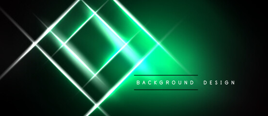 Naklejka premium Dark green background features glowing white lines forming overlapping squares. Modern design with bright light effects. Simple, elegant presentation.