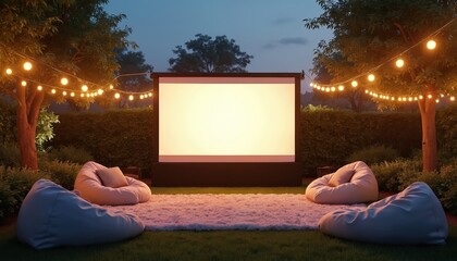 Obraz premium Outdoor movie screen setup in a lush garden at twilight. String lights illuminate bean bags on a fluffy rug. Perfect for summer cinema, events or backyard entertainment.