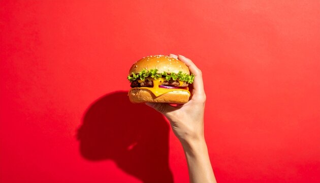 A hand holding a juicy burger.