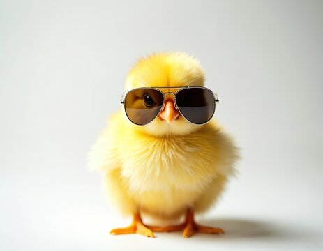 Small fluffy yellow chick wears aviator sunglasses. This cute baby bird looks cool playful and funny. Spring easter humor character, bright sunny mood, adorably.