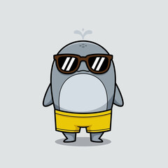 Fototapeta premium Cute cartoon whale wearing sunglasses and yellow shorts.