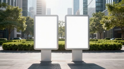 Fototapeta premium Two Blank White Billboard Mockups in a Modern City Center Advertising a Product
