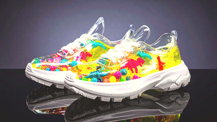 Colorful transparent sneakers with dinosaurs and beads on a reflective surface