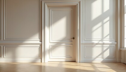 Open white door in room with paneled walls. Sunlight creates shadows on floor and walls. Interior view of home entrance hallway with bright natural light.