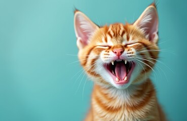Obraz premium Funny ginger cat yawns wide showing sharp teeth and pink tongue. Small kitten makes big sound with eyes closed against bright blue backdrop. Feline animal expression shows joy.