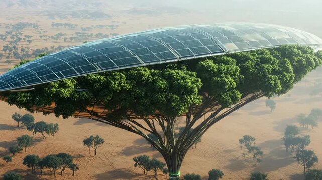 A solar powered airship, shaped like a tree canoe, glides over a lush forest with integrated solar panels