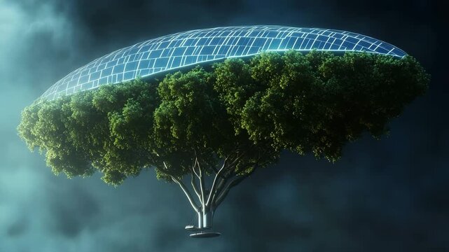 A solar powered airship, shaped like a tree canoe, glides over a lush forest with integrated solar panels