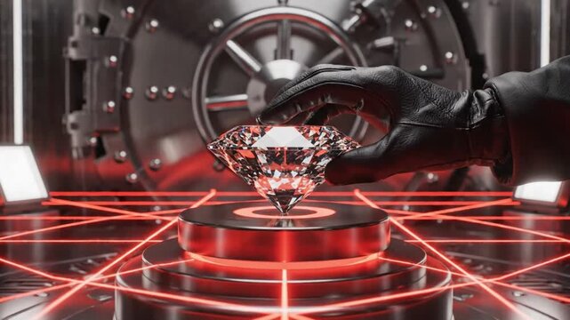A gloved hand opens a safe in a high tech video security room with laser beams