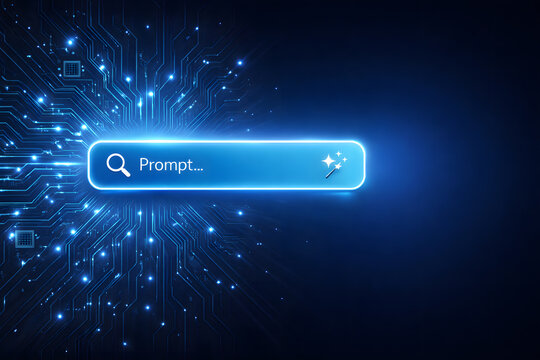 Digital Prompt Bar: A close-up shot of a futuristic digital prompt bar, with a search icon and a text field. The scene captures the essence of innovation and forward-thinking