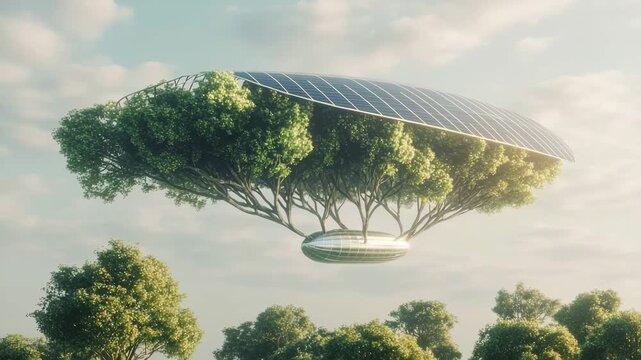 A solar powered airship, shaped like a tree canoe, glides over a lush forest with integrated solar panels