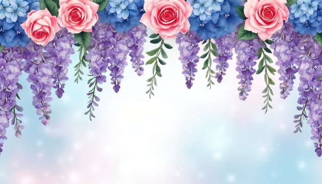 Pink roses and blue hydrangeas top arrangement with hanging purple wisteria vines. Soft watercolor illustration suits wedding invites spring decor and garden themes.