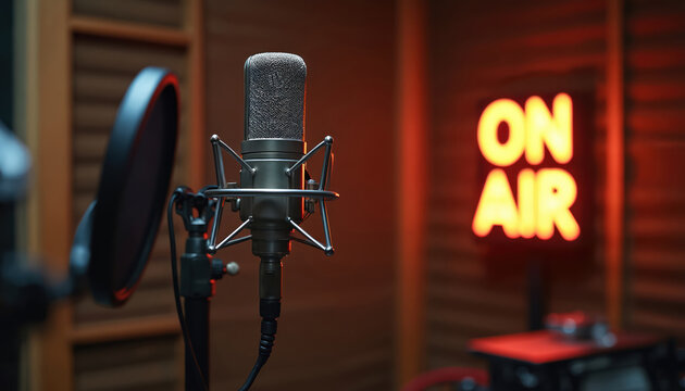 Studio microphone is ready for broadcast. Neon On Air sign glows in warm light. Pro audio recording equipment in a soundproof room. Podcasting setup.