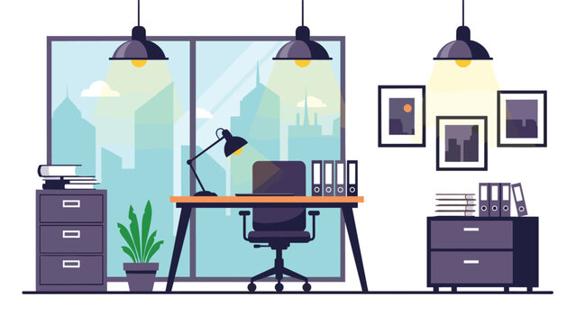 Executive office workspace overlooking a city at night with dark furniture lamps filing cabinets and framed wall art.