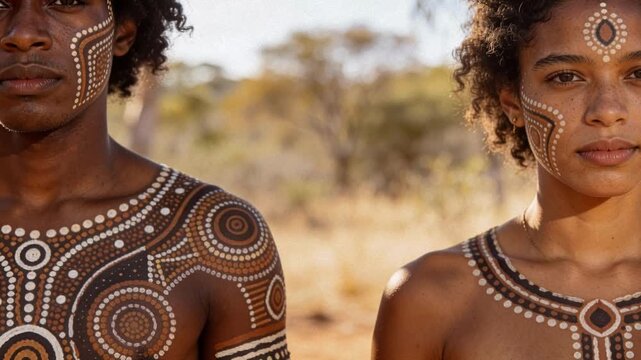 Aboriginal australian indigenous man woman tribal pattern body paint face outback traditional culture serious portrait outdoor nature bush heritage