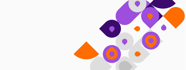 Abstract geometric shapes, purple, orange, gray. Circles, squares, overlapping forms create modern design. Minimalist composition.
