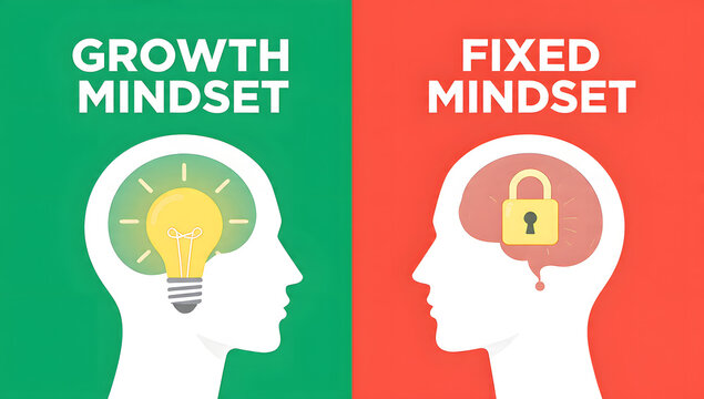Growth Mindset vs Fixed Mindset: A vibrant graphic illustrating the stark contrast between a growth mindset, characterized by open-mindedness and a thirst for knowledge, and a fixed mindset.