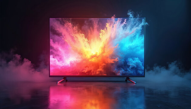 Modern flat screen tv displays vibrant abstract explosion of colorful smoke and light on black background. Sleek minimalist design with reflective surface.