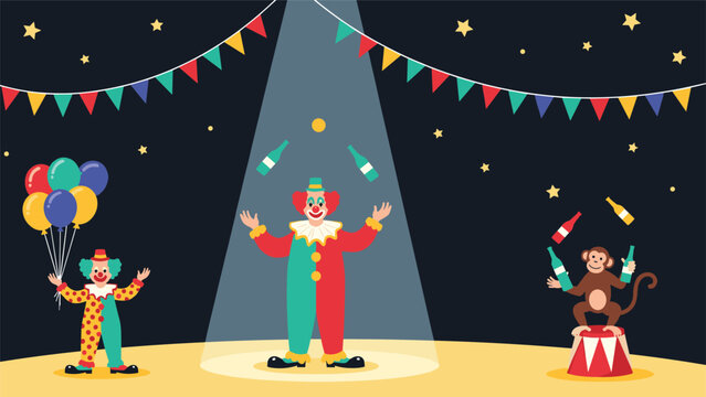 Fun circus performance with a clown juggling bottles and a trained monkey on a pedestal in a big top tent at night.