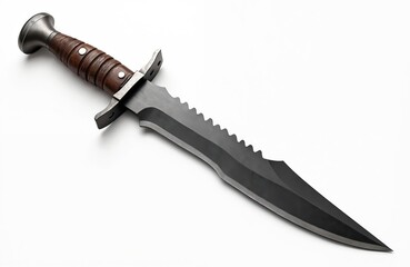 This is a survival combat knife. Its blade is sharp with serrated edge. The handle is brown leather wrapped with metal guard. The knife is isolated on white background.