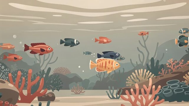 The graphics show fish swimming in the water.