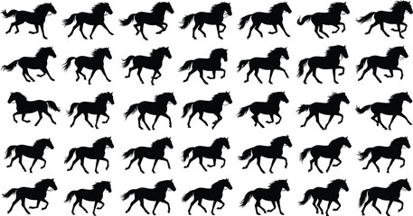Running Horse Silhouette Pattern with Wild Galloping Stallions Isolated on White Background for Equestrian, Ranch and Textile Design