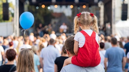 Rear view of little girl sitting on father shoulders at outdoor music festival with crowd and stage