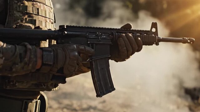 A soldier in camouflage gear holds an assault rifle during a military operation in a smoky environment video