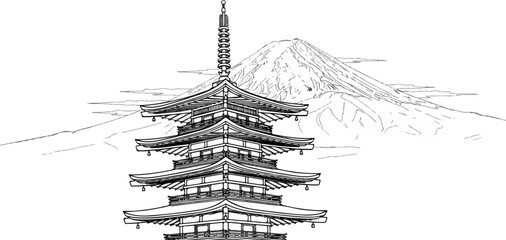 Obraz premium A traditional pagoda stands before a majestic, snow-capped mountain in this scenic illustration