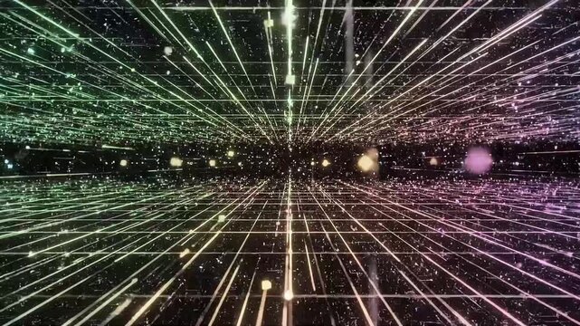 Vibrant Grid Matrix Effect with Futuristic Data Flow and Geometric Connections on a Dark Background