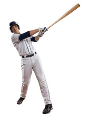 Professional baseball athlete finishing powerful batting motion