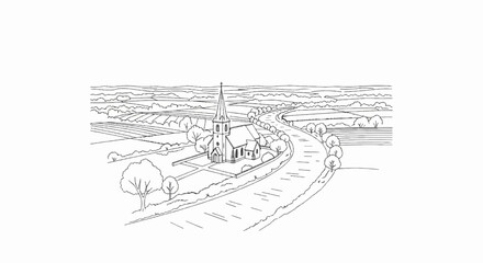 Fototapeta premium A tranquil village scene unfolds with a church, river, fields, and distant hills