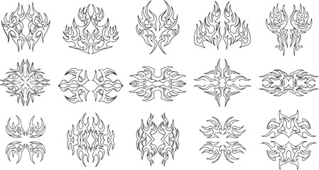 Abstract flame designs in black outline, varying shapes and symmetries