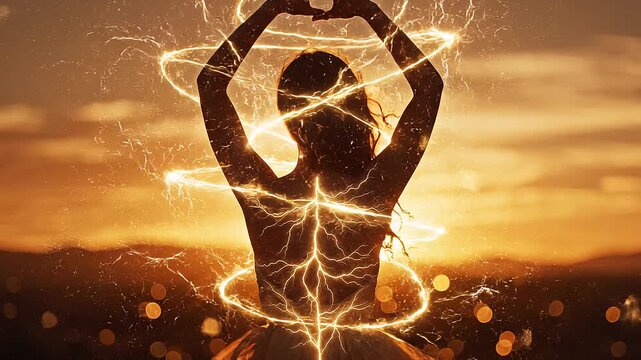 Golden Energy Light Trails Around Female Silhouette at Sunset