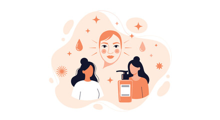 Fototapeta premium Two women are depicted with a skincare product bottle and a glowing face illustrating the benefits of a beauty routine, Generative AI.