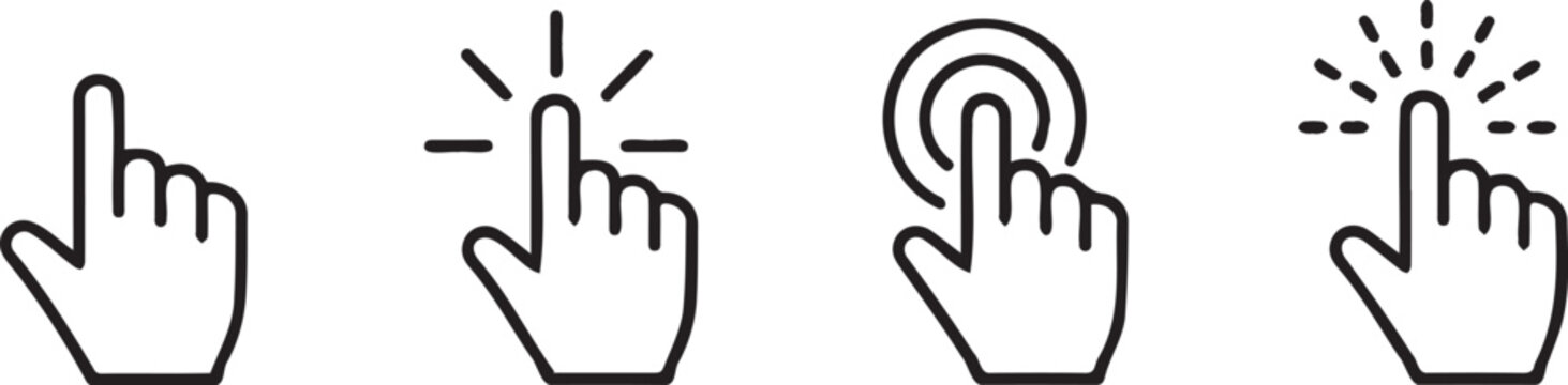 Hand icons with pointing fingers in various styles and effects for user interface design elements and digital graphics