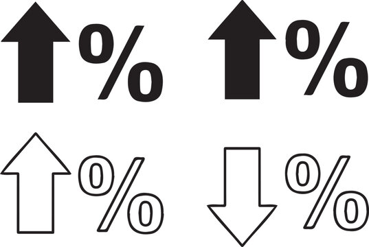 Set of four percentage icons with upward and downward arrows indicating increase and decrease in various styles on a clean white background for graphic use