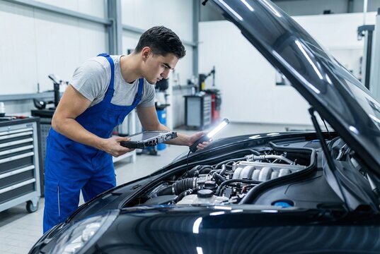 Garagiste faisant un contr&ocirc;le technique voiture