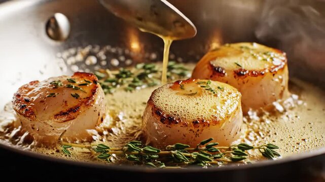 Seared sea scallops being basted with garlic herb butter 4K Video