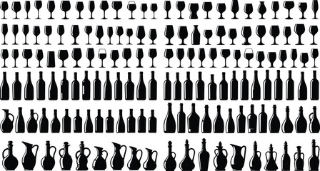 Wine Glass and Bottle Silhouette Collection with Various Beverage Drinkware Shapes Isolated on White Background for Bar, Restaurant and Packaging Design