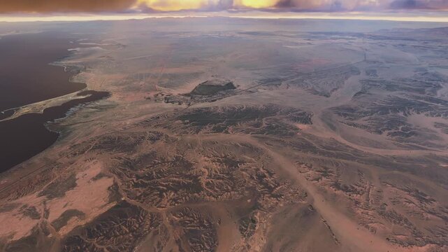 Sunset aerial drone shot of Gayal Desert and Neom. Saudi Arabia