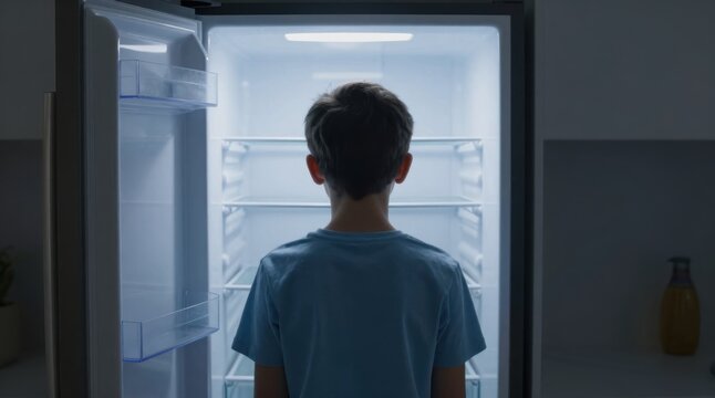 Boy Stands Before an Empty Refrigerator at Night, Questioning Late Night Hunger and Food Choices