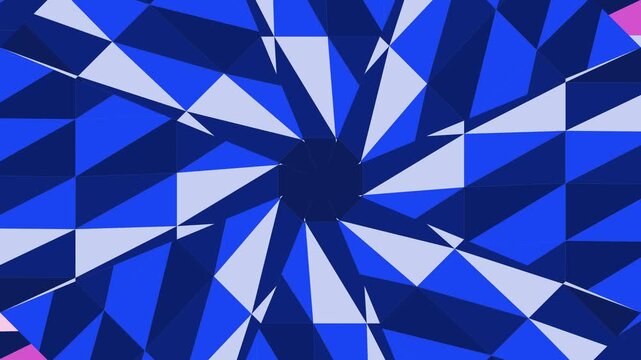 A geometric design featuring a central pink and purple octagon surrounded by dark blue and light purple shapes, radiating outward