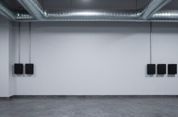 Modern industrial interior with concrete floor, white wall, and exposed ductwork, ideal for creative projects
