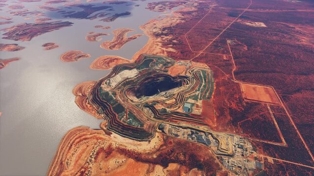 Top aerial drone shot of Sunrise Dam Gold Mine in Laverton. Australia
