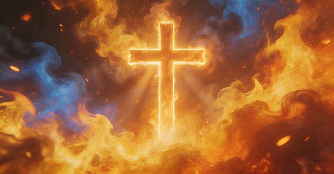 Glowing cross amidst fiery and smoky backdrop, with radiant religious symbol