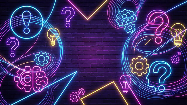 Trivia night quiz game background with neon question marks and idea symbols creating vibrant entertainment atmosphere for pub quiz competitions and knowledge challenge events
